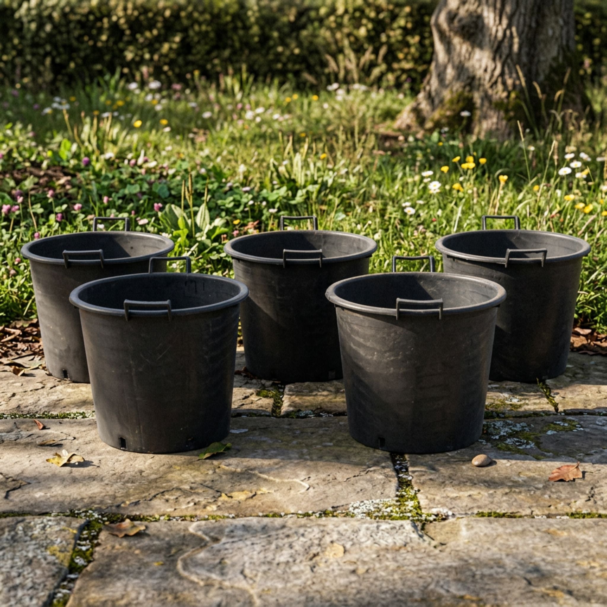 A large black plastic tub with two side handles and small drainage holes near the bottom, commonly used for carrying or mixing materials.
