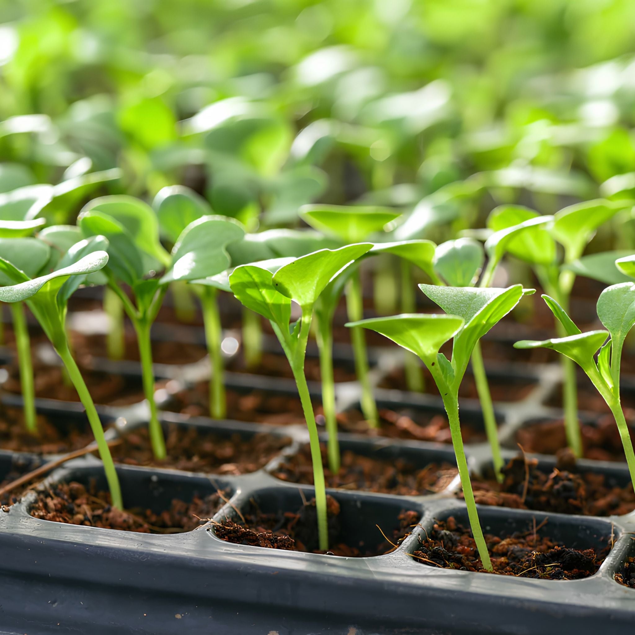 Three black plastic seedling trays with divided compartments are arranged on a gray surface; two trays are tilted outward and one is upright in the center.