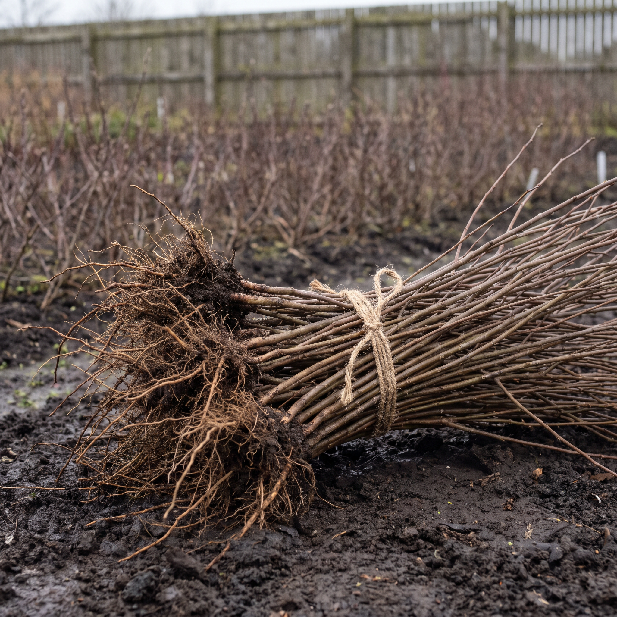 A tied bundle of bare-root hedging whips on soil, roots exposed, at a nursery in winter