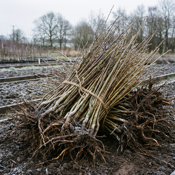 A bundle of mixed native bare-root hedging whips tied with twine on winter soil