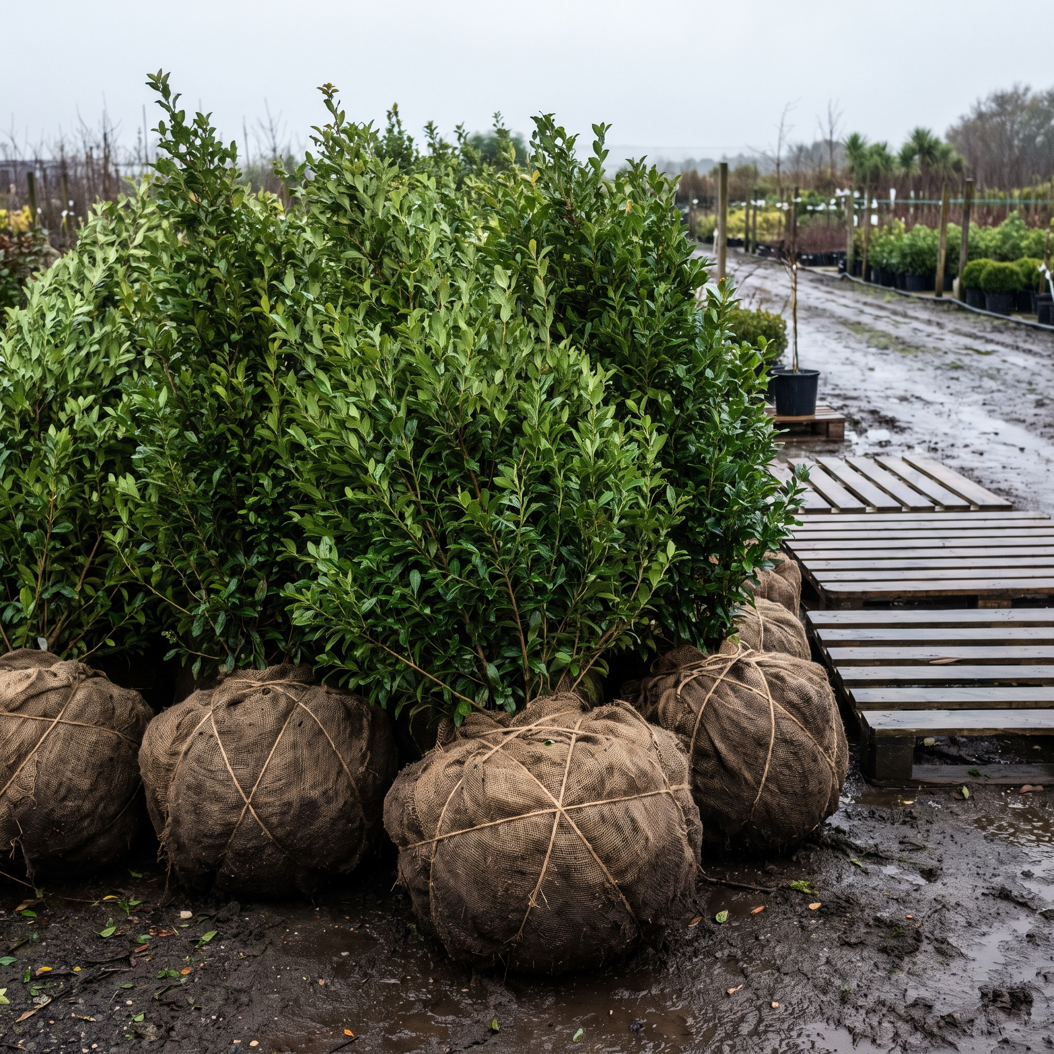 Rootball hedging plants with soil rootballs wrapped in hessian and tied with twine
