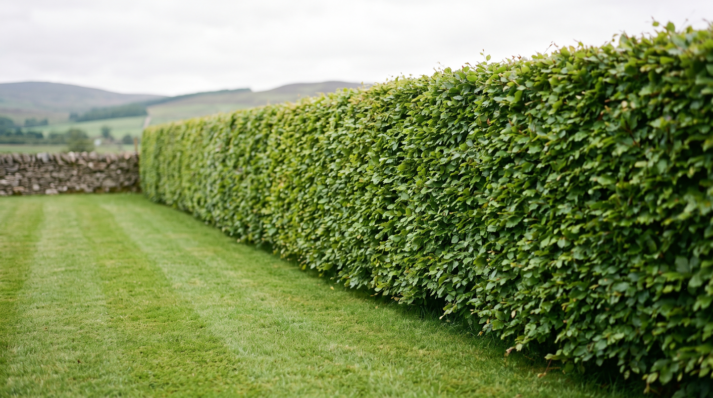 Mature green beech hedge (Fagus sylvatica) in a Scottish garden with dry stone wall