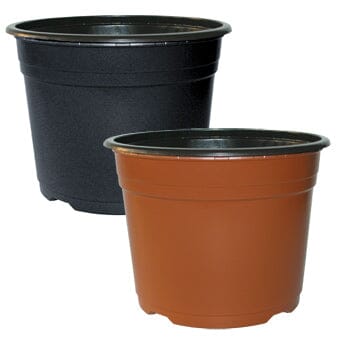 Two empty plastic plant pots, one black and one brown, are stacked next to each other against a white background.