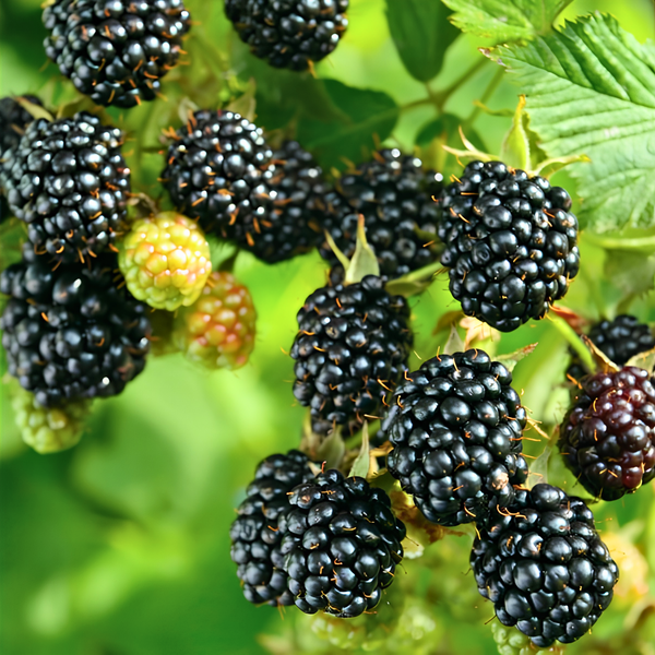 Clusters of ripening blackberries hang from branches, showing red and dark purple-black berries among green leaves.