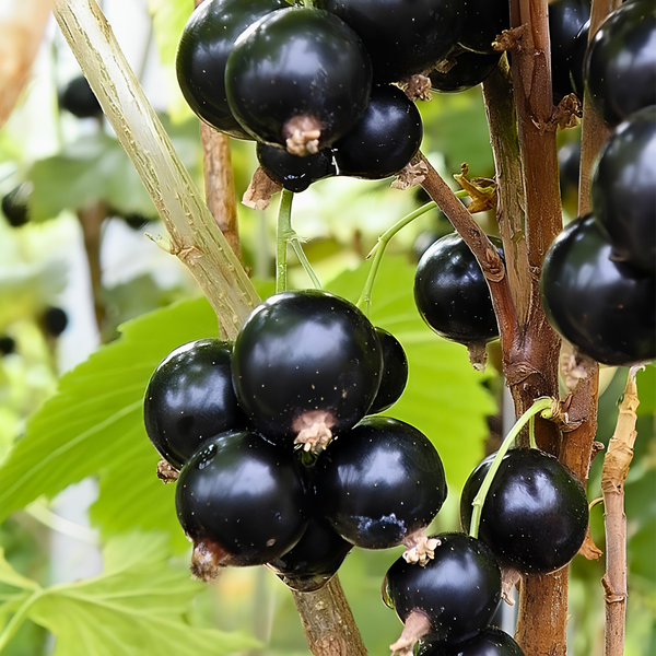 Clusters of shiny, dark purple-black currants growing on a woody stem, surrounded by green leaves in the background.