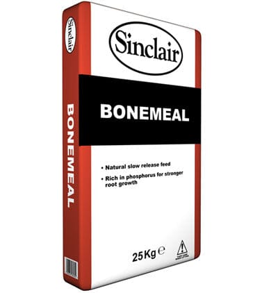 A 25kg bag of Sinclair Bonemeal, featuring red, white, and black colors. The bag highlights that it is a natural slow-release feed and is rich in phosphorus for stronger root growth.