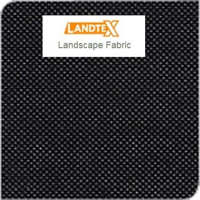 A close-up of black landscaping fabric with a label at the top reading LANDTEX Landscape Fabric in orange and black text.