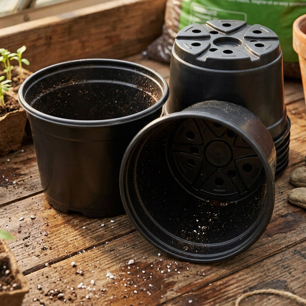 A collection of black plastic plant pots of various sizes arranged on a white surface, with some standing upright and others lying on their sides.