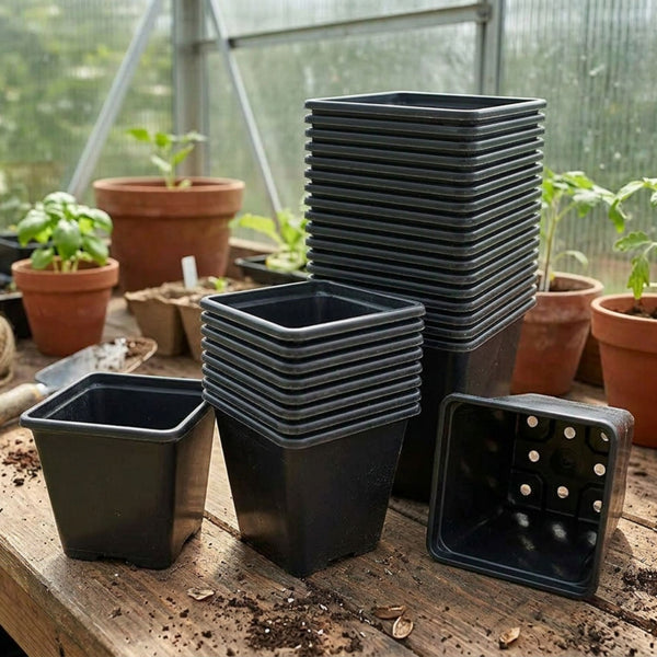 Three stacked black plastic square pots with ribbed sides, commonly used for gardening or planting.