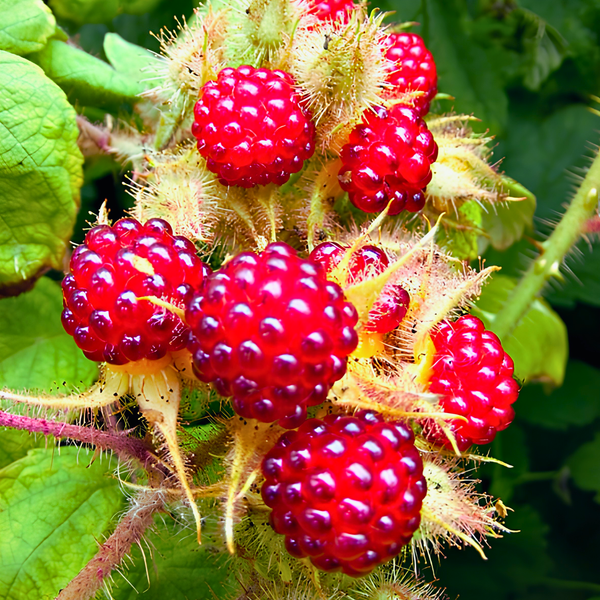 Bright red, glossy wineberries cluster together on a plant with fuzzy stems and green leaves in the background. The berries are round and covered in tiny, glistening segments.