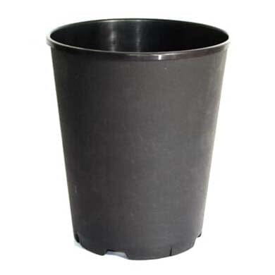 A plain black plastic plant pot with a slightly flared rim and drainage holes at the bottom, placed on a white background.