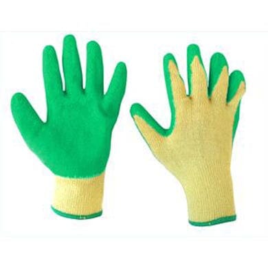 Two work gloves are shown, one palm up and one palm down. The gloves are yellow with green rubber coating on the palm, fingers, and fingertips, and green trim at the wrist.