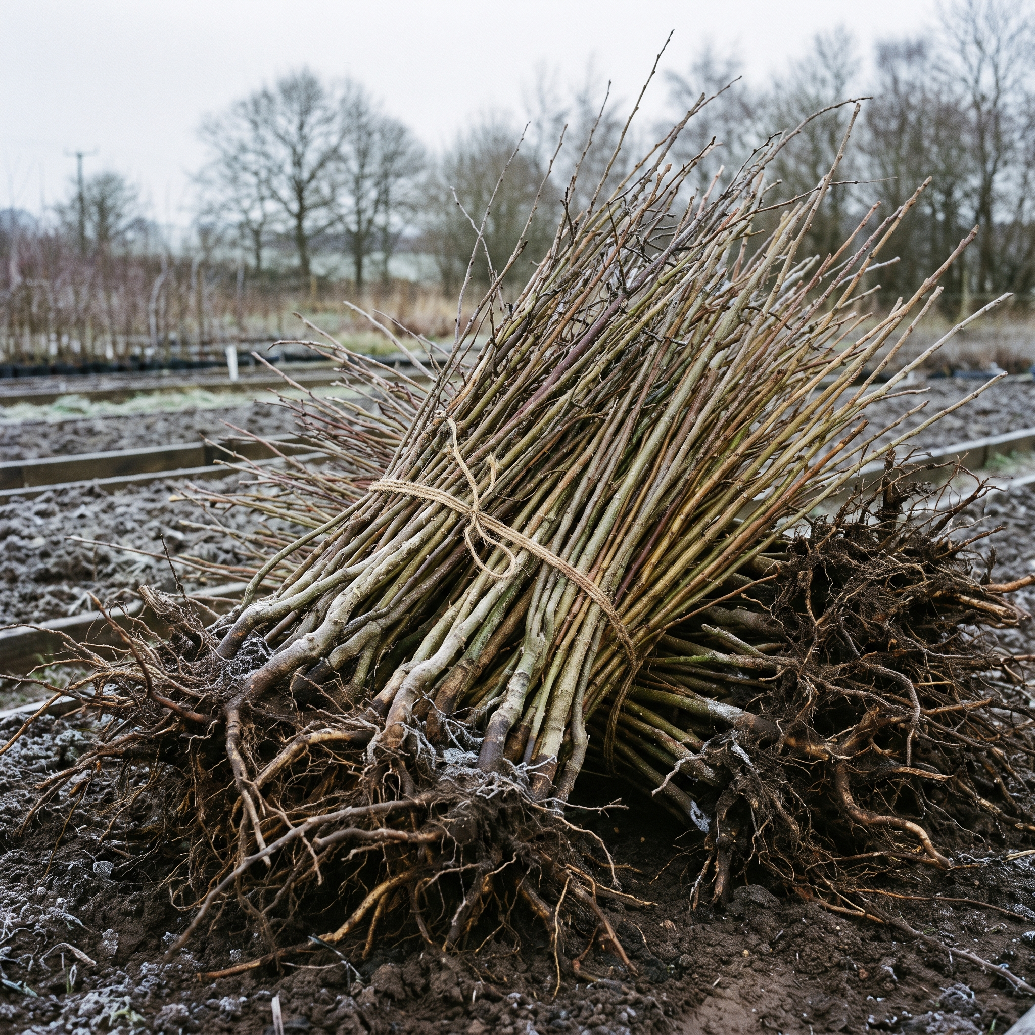 A bundle of mixed native bare-root hedging whips tied with twine on winter soil