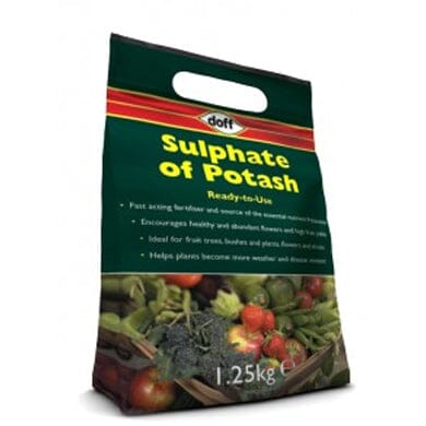 A 1.25kg bag of Doff Sulphate of Potash fertilizer with a handle, featuring images of fruits and vegetables and text highlighting its benefits for plant growth.