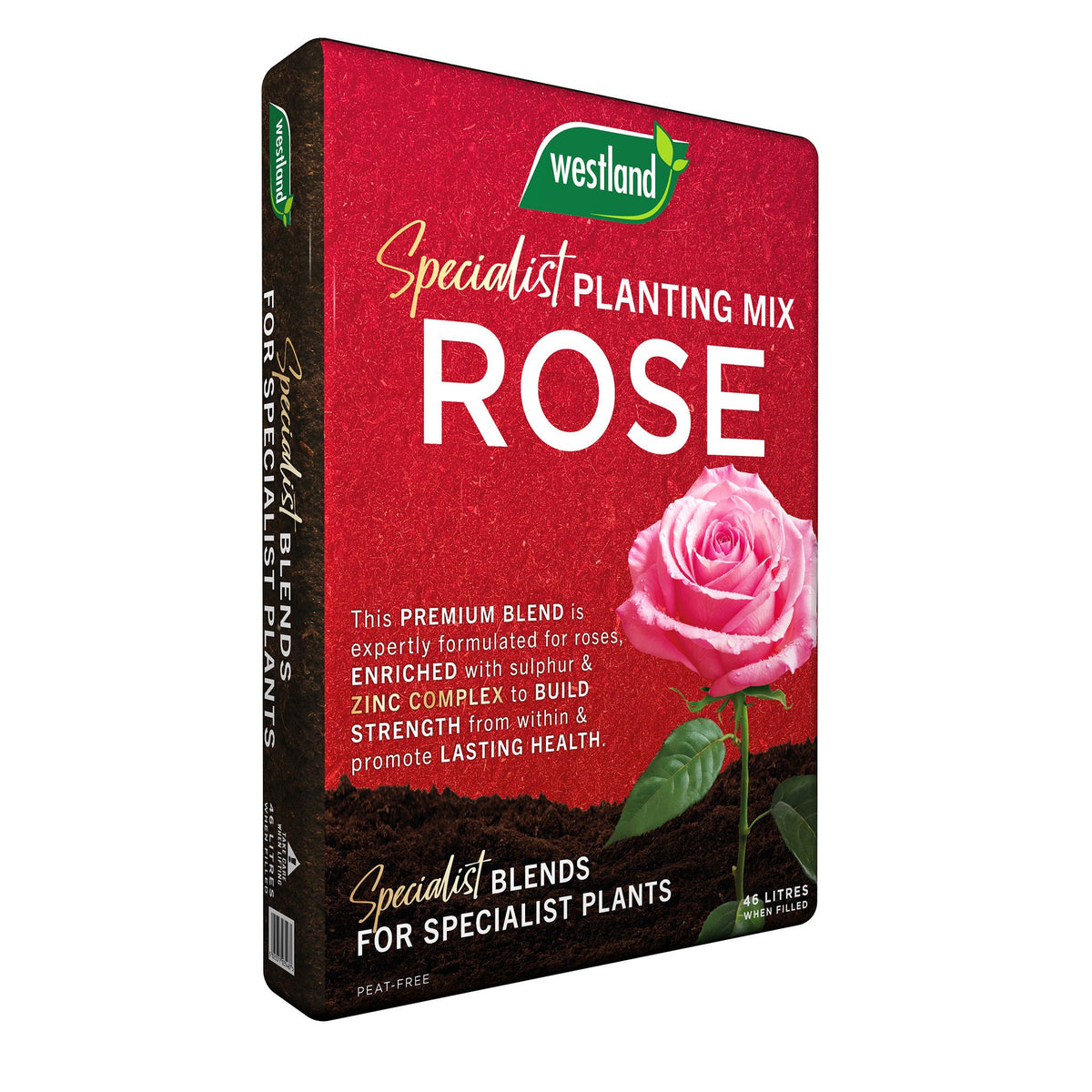 Rose planting mix 46L peat-free with zinc, sulphur and slow-release feed for rose health.