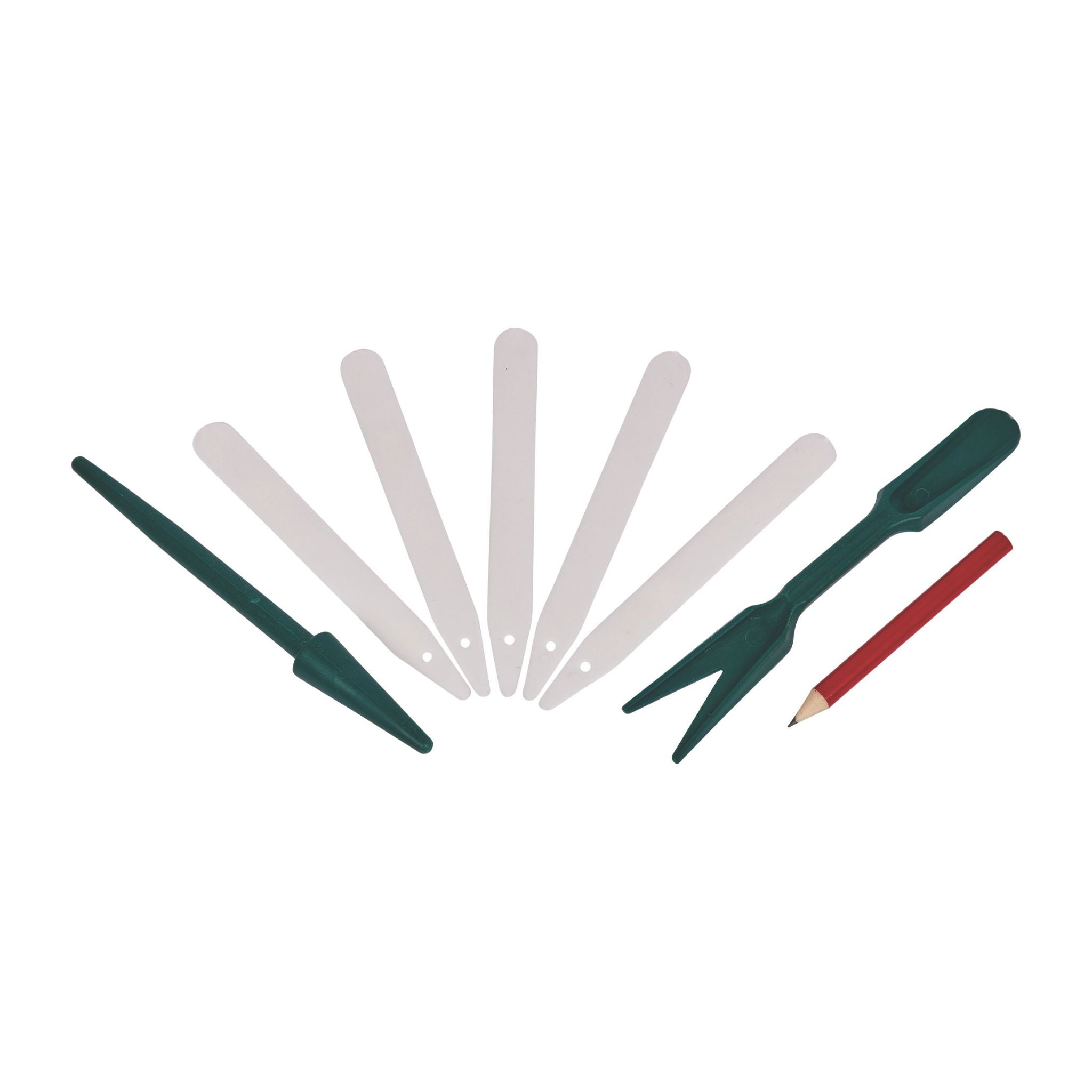 Planting and labelling set with five plant labels, dibber, forked tool, red pencil.
