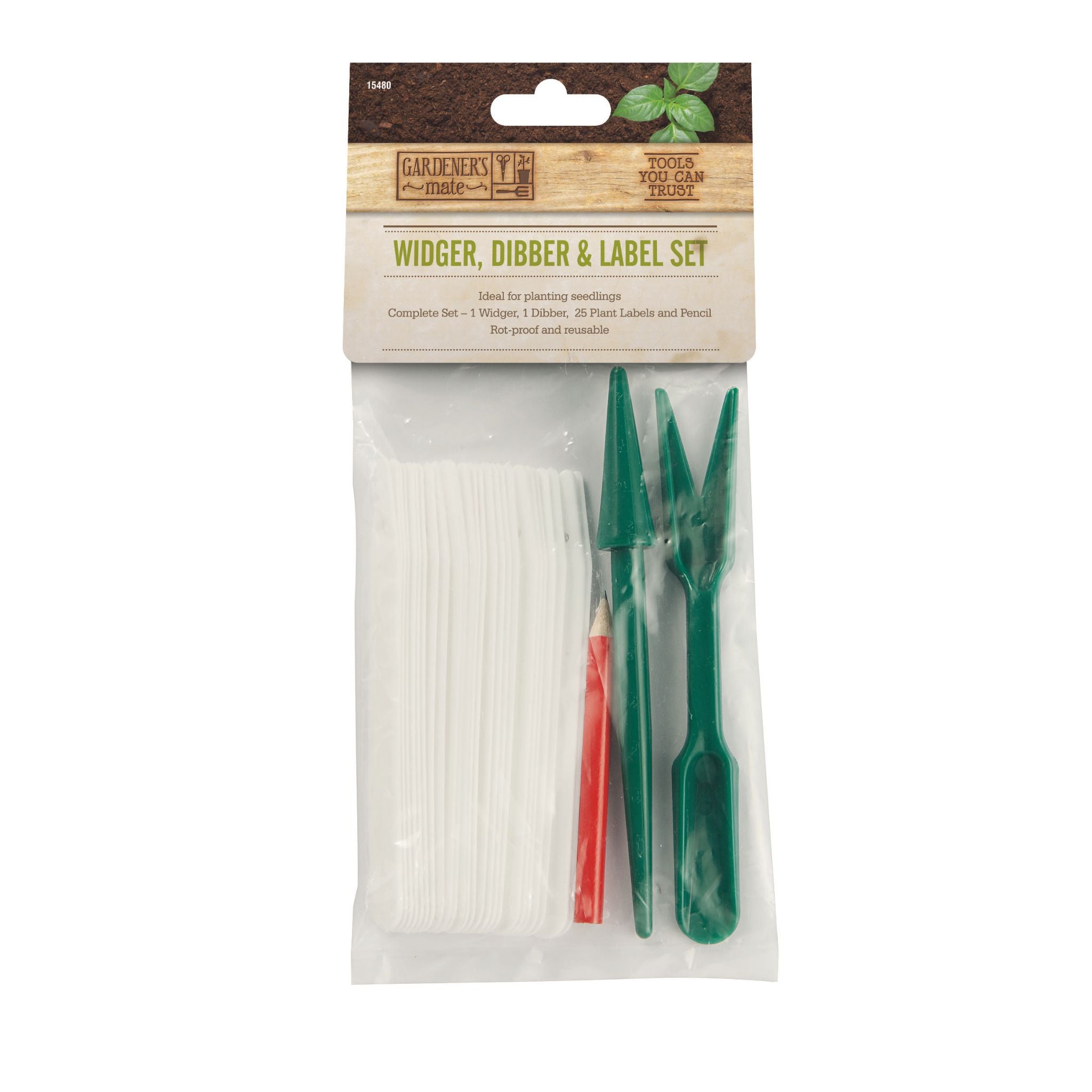 Planting and labelling set for seedlings with labels, dibber, widger, and marking pencil.