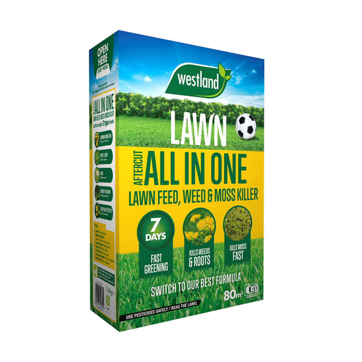 Lawn feed weed and moss killer 80sqm coverage multi-use.