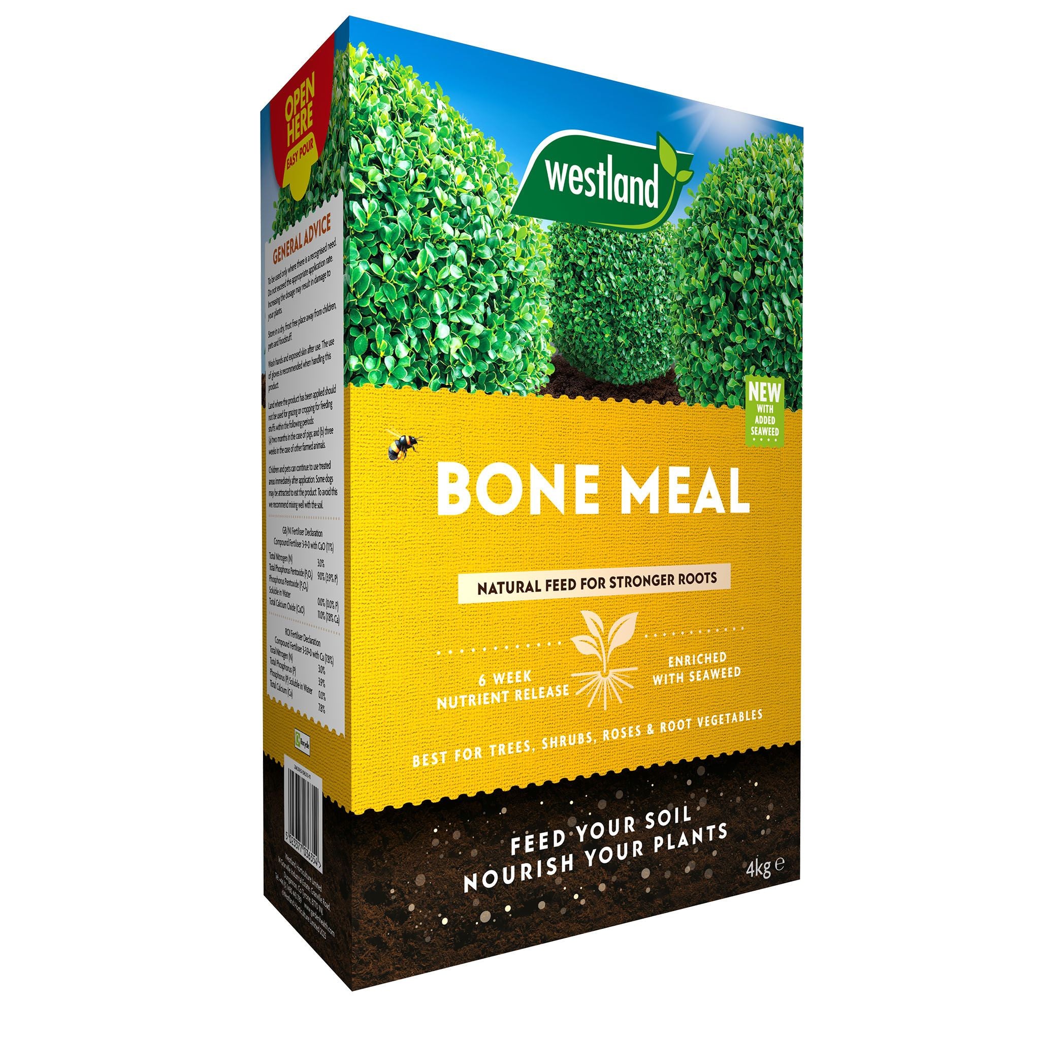Bone meal 4kg soil improver slow-release nutrients and seaweed enriched for root strength.