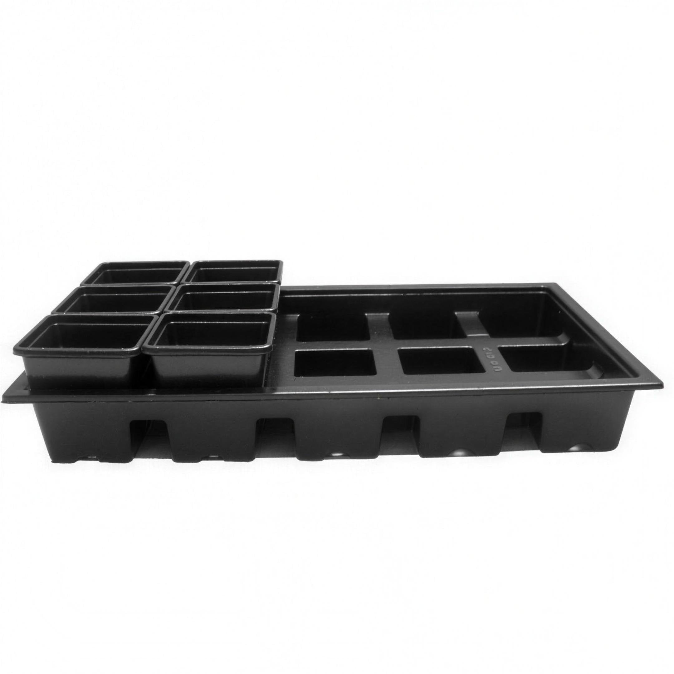 Square pot carry tray 7cm holds six pots, extra spaces for additional pots or soil.