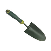 Hand trowel textured metal blade green handle yellow accent hanging hole garden tool.