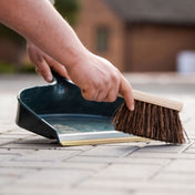 Dustpan and brush set wooden handle natural bristles indoor outdoor cleaning.
